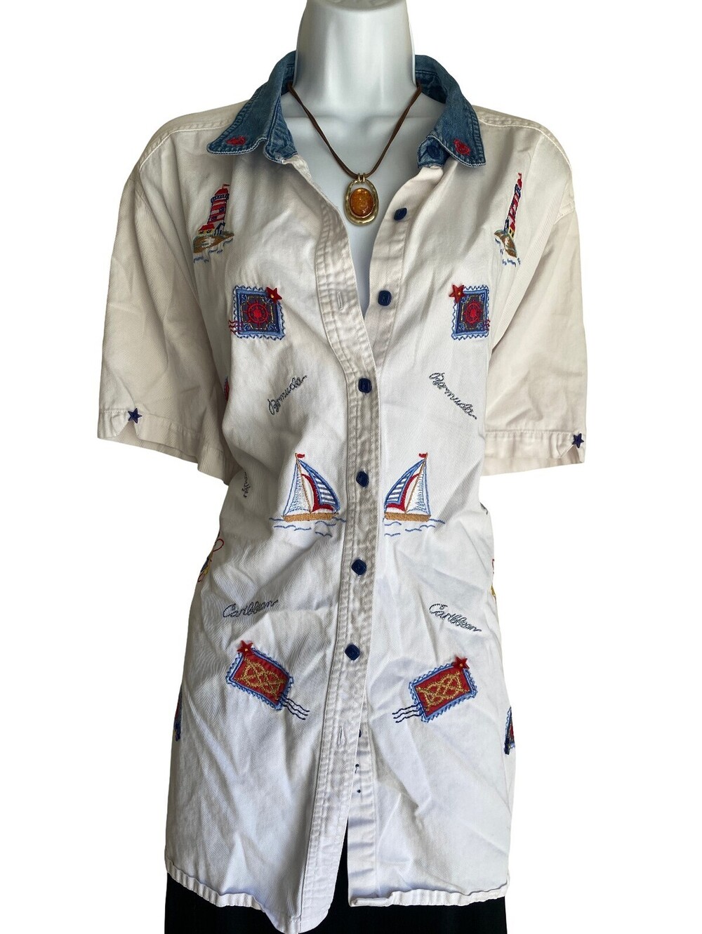 90s Bobbie Brooks Plus 24 White Denim Nautical Embroidery Boho Tunic Blouse